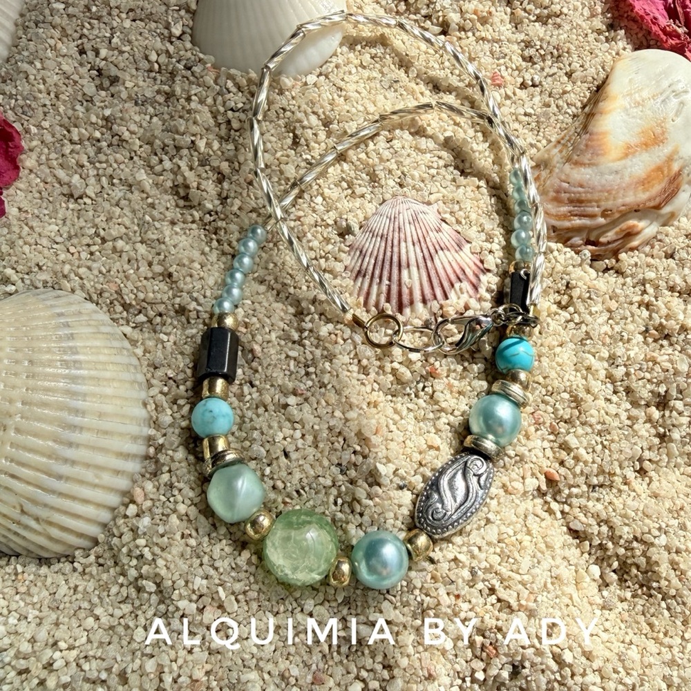 Turquoise and GOLD + Vibrant Blue Necklace with green quartz hematite pearl